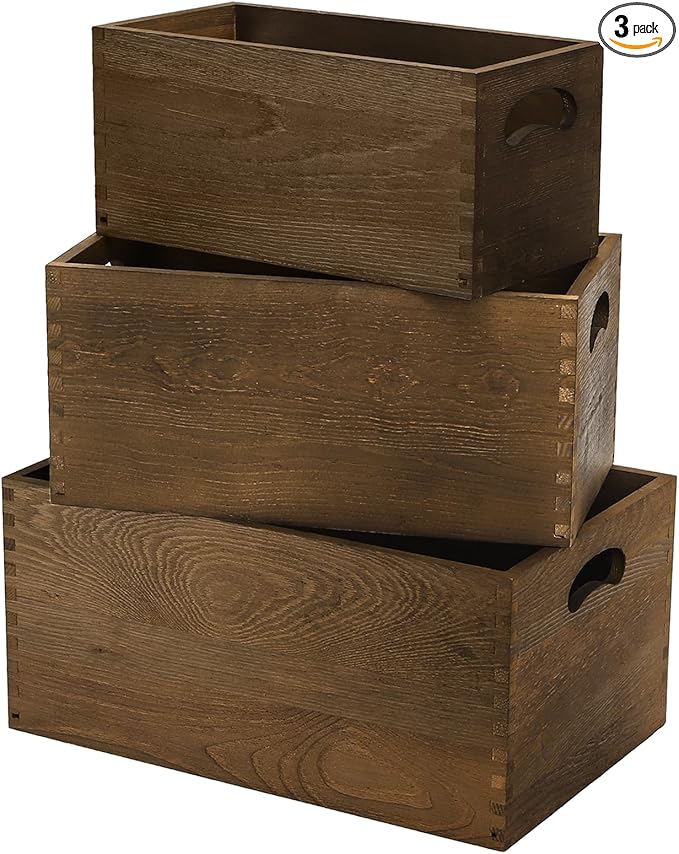Hedume Set of 3 Nesting Wooden Crates, Wood Crate Box with Handle, Rustic Brown Decorative Wood Storage Crates Container, Stackable Cube Basket Bins Organizer for Home, Office, Closet, Shelf