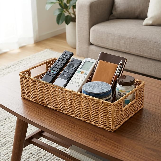 Toilet Paper Basket with Handles, Wicker Toilet Tank Basket, Narrow Bathroom Organizer for Back of Toilet & Tank Top, Ideal for Cottage Core Decor, Natural Tan, 14" L x 6" W x 3" H