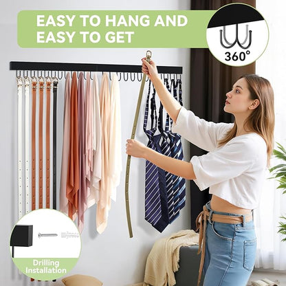 Belt Hanger Wall Mount, Adhesive Wooden Closet Belt Organizer with 24 Metal Hooks, Large Capacity, 2 Installation Options, Black, 2 Pcs