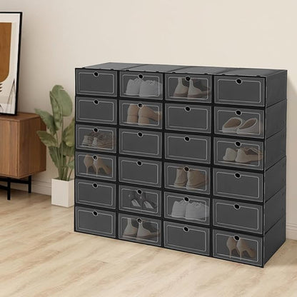 24Pcs Stackable Shoe Storage Boxes with Clear Doors - Foldable Shoe Organizer for Closet Cabinet, Black/White/Green Options for Sneakers Boots Home Organization (Black)