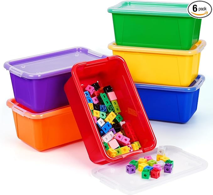 GAMENOTE 6 Quart Storage Bins with Lids, Plastic Latching Box for Classroom & Kids Toy Storage,Stackable Shoe Box Size Containers for STEM Morning Tubs, Crafts & Building Blocks (6, Colorful)