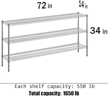 14" Deep x 72" Wide x 34" Height Wire Shelving Kit | 3-Tier | NSF Commercial Storage Rack Unit