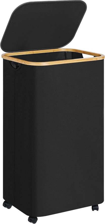 Laundry Basket with Wheels,100L Hampers for Laundry,Black Large Laundry Hamper with Lid and Bamboo Handles,Collapsible & Waterproof Tall Cloth Hamper for Dormitory Family