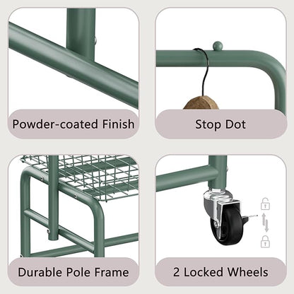 Rolling Laundry Cart with Wheels, Laundry Hamper Basket Organizer with Clothes Hanging Rack, Wire Storage Cloth Shelf Butler, Green