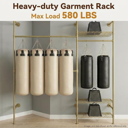 F2 Wall Mounted Closet System, Industrial Pipe Clothing Rack for Hanging Clothes, Heavy Duty Closet Organizer System, Clothes Racks with Shelves & Expandable Rod for Wardrobe, Corner, Gold