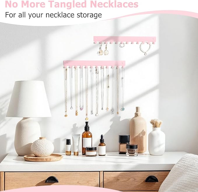 Acrylic Necklace Holder 2 Pack Wall Mounted Necklace Organizer Hanging Jewelry Organizer with 12 Hooks for Necklaces, Bracelets, Rings and Bangles Display Pink