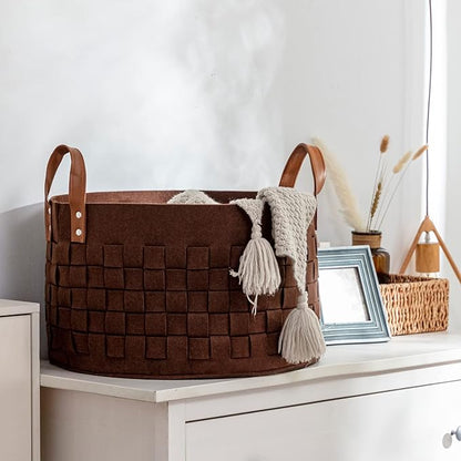 BOLDMONKEY Laundry Basket 20" x20 " x11.8 ", Large Felt Fabric Blanket Basket with Leather Handle, Dirt Clothes Laundry Hamper Round for Babies, Dogs and Living Room-Brown