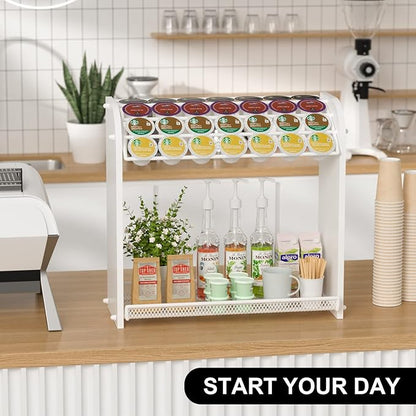 Lixple Coffee Pod Organizer for Countertop, Bamboo K Cup Holder, Easy Assembly Coffee Station Organizer for Home Office Coffee Bar, White