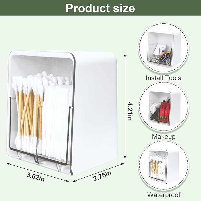 Qtip Holder with 2 Compartments, Clear Bathroom Set, Vanity Countertop Storage Organizer for Swab, Round Pads, Plastic Floss Pick Holder, White