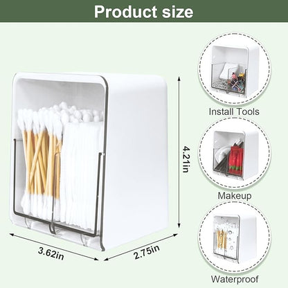 Qtip Holder with 2 Compartments, Clear Bathroom Set, Vanity Countertop Storage Organizer for Swab, Round Pads, Plastic Floss Pick Holder, White