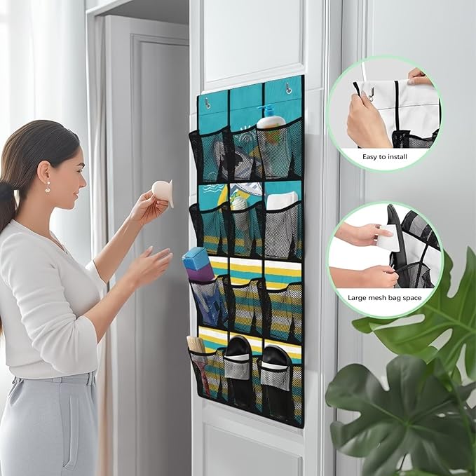 Large Capacity Door Organizer with 12 Pockets, Storage Hanging Bag Behind the Door for Accessories and Essentials, Foldable and Space Saving Design for Home Use, Cartoon Shark and Stripe