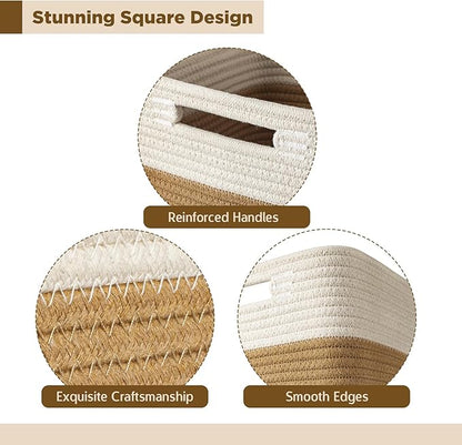 AELS Hand Woven Cotton Baskets for Storage, Cube Storage Bins with Handles, Foldable Collapsible Closet Organizers and Storage, Boho Farmhouse Storage Cubes for Shelves, Beige and Khaki
