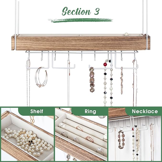 J JACKCUBE DESIGN Wall Mounted 3 Tier Wooden Jewelry Organizer Rack with Accessories Storage Shelf and 18 Metal Earring, Necklace Hooks- MK907A