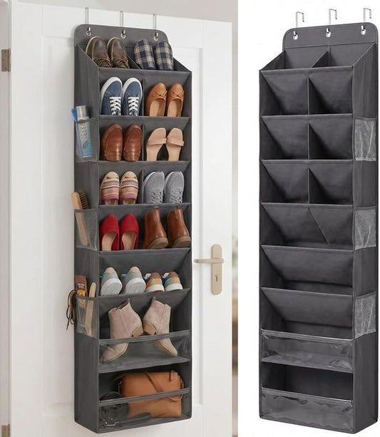 HOMELUX THEORY 8 Tiers Over The Door Shoe Organizer - 100D Extra Thick Shoe Rack for Closet, 6 Deep Side Pockets Shoe Rack for Entryway & Hanging Shoe Organizer for Closet for Boots (V2, Dark Gray)