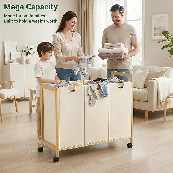 Homykic 250L Laundry Sorter Cart with Wheels, 3-Section Rolling Laundry Basket with Removable Bags, 66 Gal Large Laundry Hamper Organizer, Heavy Duty Bamboo Frame, Water-Resistant, Black