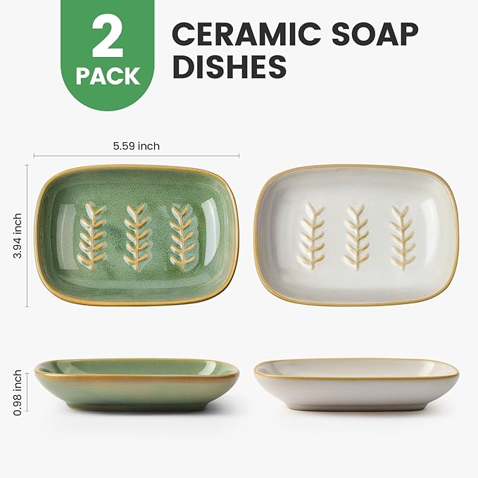 2 Pack Ceramic Soap Dish for Cleaner Shower, Decorative Soap Holder for Bar Square Shampoo or Sponge, Cute Shower Soap Dish Soap Saver Tray Container for Bathroom Kitchen Sink, Easy to Clean