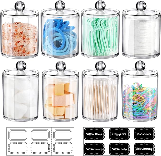 SheeChung 8 Pack Clear Acrylic Apothecary Jars with Labels,(4) 12oz & (4) 10oz Qtip Holder Set,Shatterproof Bathroom Vanity Organizer for Cotton Swabs,Balls,Pads,Bathroom Essentials,Minimalist Decor