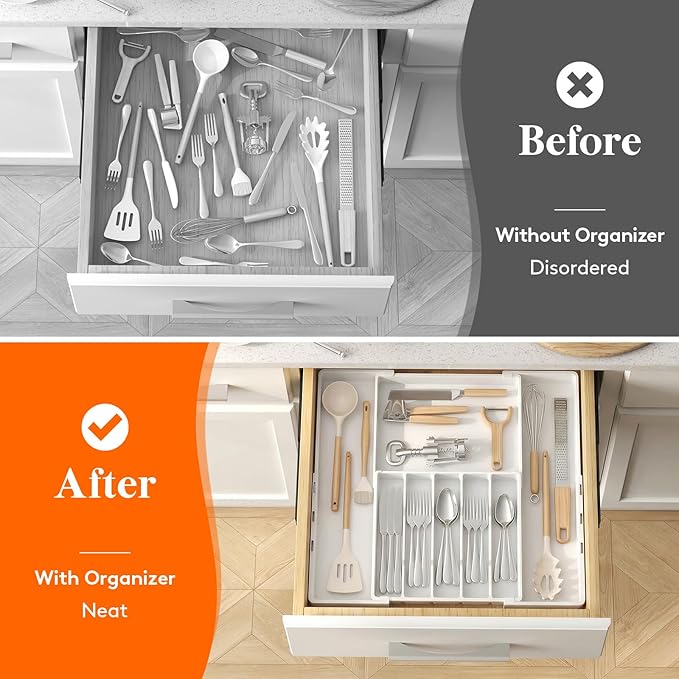 Lifewit Silverware Drawer Organizer, Expandable Utensil Tray for Kitchen, BPA Free Flatware and Cutlery Holder, Adjustable Plastic Storage for Spoons Forks Knives, 5-8 Slots, White