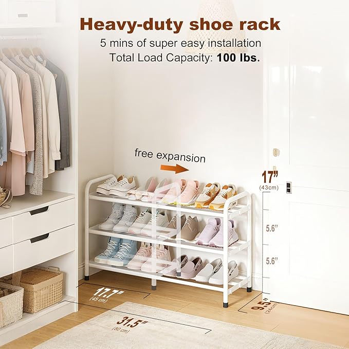 KANAV 3-Tier Expandable Shoe Rack, Heavy Duty Adjustable Metal Shoe Organizer for Closet & Entryway, Freestanding, Tool-Free Assembly, White