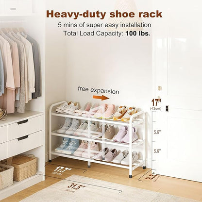 KANAV 3-Tier Expandable Shoe Rack, Heavy Duty Adjustable Metal Shoe Organizer for Closet & Entryway, Freestanding, Tool-Free Assembly, White