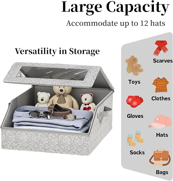 Hat Storage Box Organizer, 1-Pack, Stackable with Clear Windows, Holds 24 Baseball Caps, Grey