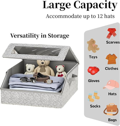 Hat Storage Box Organizer, 1-Pack, Stackable with Clear Windows, Holds 24 Baseball Caps, Grey