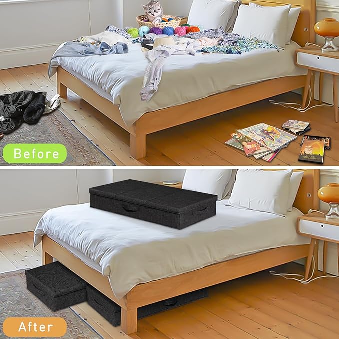 punemi Under The Bed Storage Containers 3 Pack, 6 Inch Tall Stackable Underbed Storage Bins With Handles, Closet Organizers and Storage Bins, Large Under Clothes Drawer Organizers Box For Crib, Black