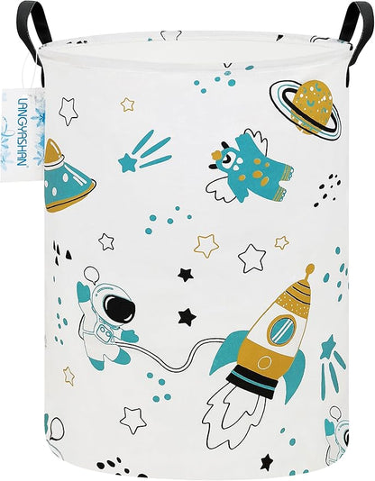 Storage Bin, Canvas Fabric Collapsible Organizer Basket for Laundry Hamper,Toy Bins,Gift Baskets, Bedroom, Clothes,Baby Nursery (Round space astronaut)