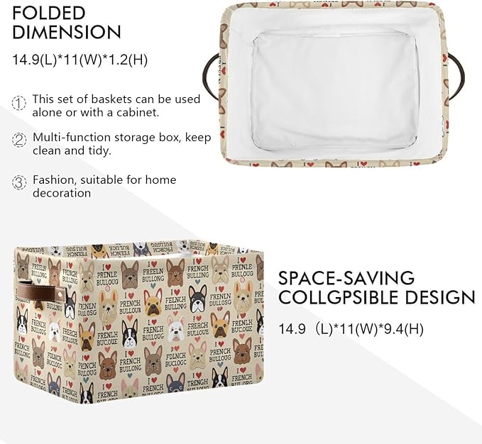 French Bulldog Pattern Rectangle Storage Bin, 15 x 11 x 9.5 in, Collapsible Organizer Storage Basket for Home Décor，2PACK