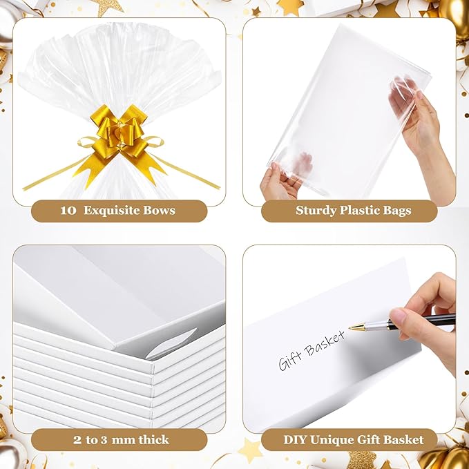 AFOROEOA 10PACK Baskets For Gifts Empty, 10 x 8”Thick White Gift Basket with 10 Clear Gift Bags and 10 Pull Bows, Empty Gift Baskets for Christmas, Thanksgiving Wedding Birthday Party Wrapping Gift