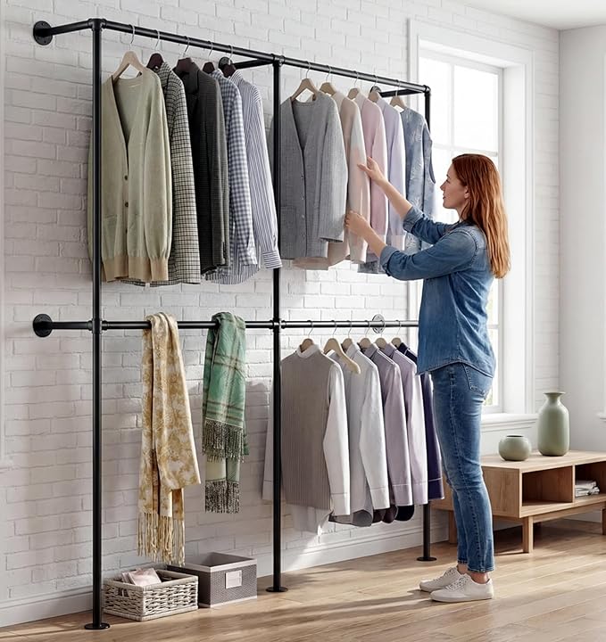 Industrial Pipe Clothing Rack Wall Mounted Garment Rack, Black Pipe Clothes Racks Retail Display Hanging Rod for Closet Storage, Laundry Room