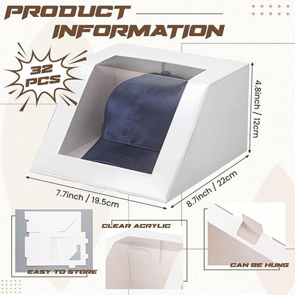 32 Pcs Hat Gift Boxes with Clear Window 8.7 x 7.7 x 4.8 Bulk Foldable Hat Shipping Box for Packing Paper PVC Baseball Cap Display Boxes, Reliable Construction, White Stackable Storage Container