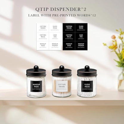 SheeChung 2-Pack Qtip Holder Dispenser-Glass Apothecary Jars with Rust-Proof Stainless Steel Lids-Vintage Rustic Farmhouse Bathroom Vanity Organizer for Cotton Swabs, Balls, Pads(Oil Rubbed Bronze