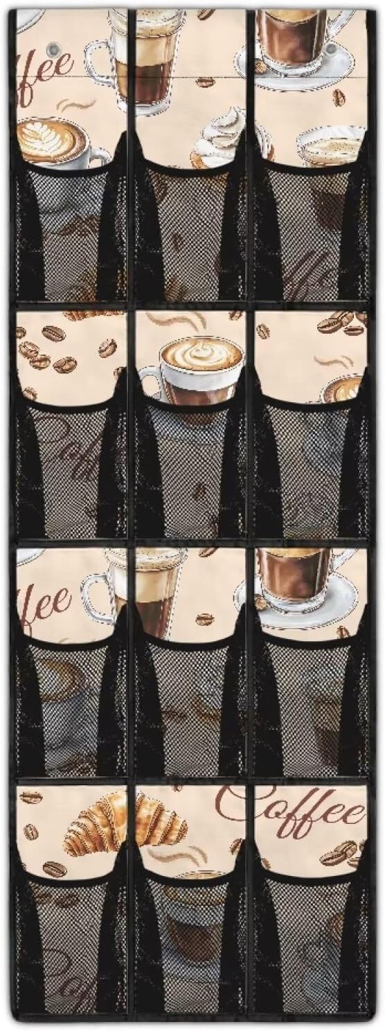 12 Mesh Pockets Hanging Shoe Organizer Coffee No Dril Over Door Hanging Storage Bag Easy to Install Closet Door Hanging Shoe Rack Organizer for Bedroom Kitchen Cafe Storage