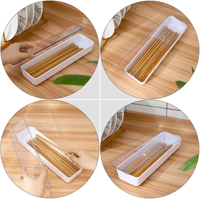 Cabilock Flatware Tray With Lid Kitchen Drawer Organizer With Lid And Drainer Plastic Kitchen Cutlery Tray and Utensil Storage Container with Cover (White)