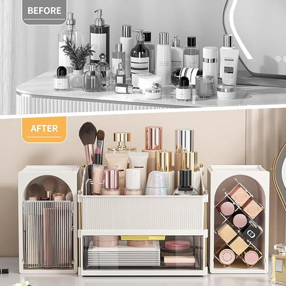Seoneiro Makeup Organizer with Drawers, Cosmetic Storage for Dresser Countertop and Bathroom Vanity, Beauty Holder for Lipstick Brush Skincare Display case (Milky White + Transparent)