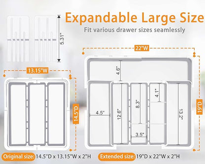 Homecor Kitchen Drawer Organizer Large Expandable Silverware Organizer, Utensil Holder and Flatware Tray, Kitchen Spatula Tools and Gadgets Storage with Removable Knife Blocks and 3 Dividers, White