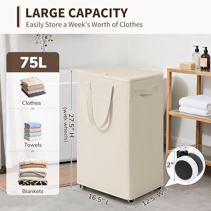 Goodpick White Laundry Basket with Wheels, 75L Rolling Laundry Hamper for Bedroom Bathroom, Foldable Large Clothes Hamper with Lid and Removable Wash Bag, 16.5" x 12.5" x 27.5"