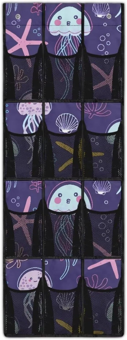 Jellyfish Over The Door Shoe Organizers,Shoe Rack for Door,Hanger Storage Organizer for Closet,Classroom Headphone Storage with 12 Mesh Pockets,Breathable Storage Bag