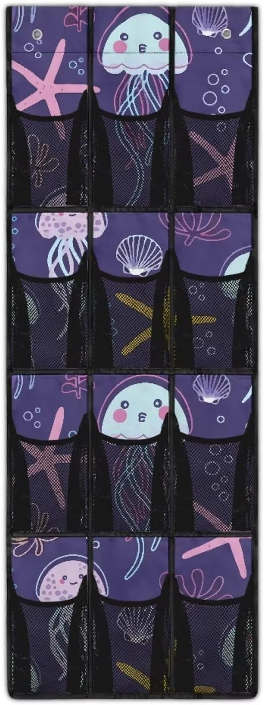 Jellyfish Over The Door Shoe Organizers,Shoe Rack for Door,Hanger Storage Organizer for Closet,Classroom Headphone Storage with 12 Mesh Pockets,Breathable Storage Bag