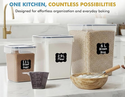 Shazo Flour Sugar Storage Containers Set of 3 (6L, 2.9L, 1.1L) Large Airtight Food Storage Containers with Lids, BPA-Free Plastic Container for Kitchen & Pantry Organizers, Cereal, Rice & Pasta