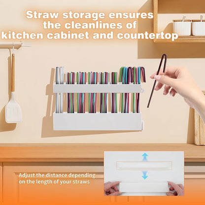 Straw Holder Straw Organizer Reusable Straw Holder Storage for Drinking Straws Cabinet Door Mounted (White)