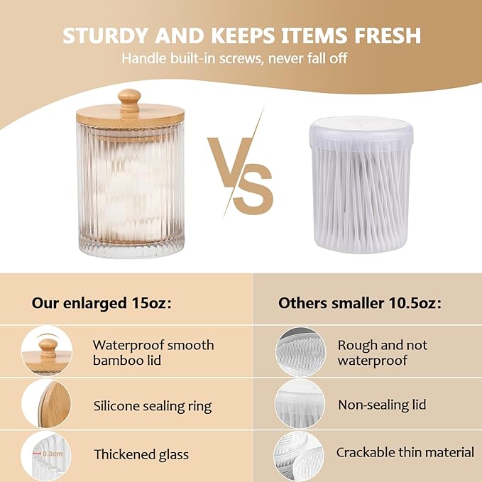 eggs sound 3 Pack Qtip Holder - Bathroom Organizers and Storage, Cotton Round Holder Floss Pick Cotton Ball Holder Swab Dispenser Set with Tray, Glass Apothecary Jars with Lids, -sw clear y