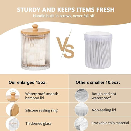 eggs sound 3 Pack Qtip Holder - Bathroom Organizers and Storage, Cotton Round Holder Floss Pick Cotton Ball Holder Swab Dispenser Set with Tray, Glass Apothecary Jars with Lids, -sw clear y