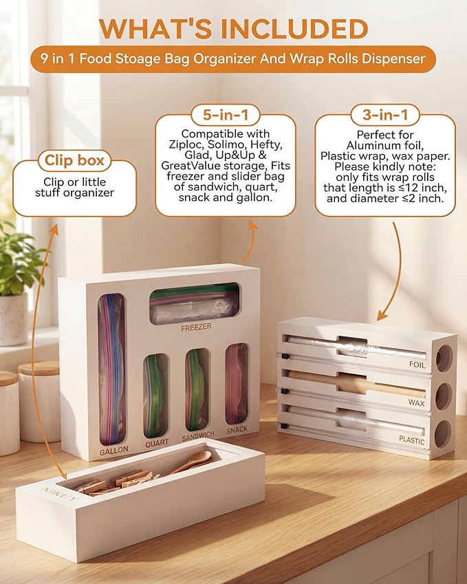 Bamboo Foil and Plastic Wrap Organizer for Kitchen Drawer, 2024 New 9 in 1 Plastic Bag Organizer Organization and Storage, Food Storage Bag Organizer with Labels for Quart Gallon Snack (White)