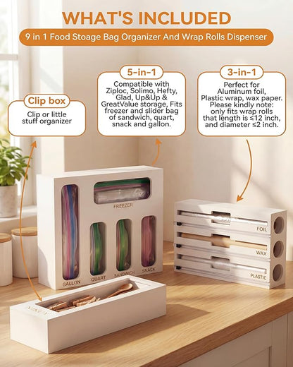 Bamboo Foil and Plastic Wrap Organizer for Kitchen Drawer, 2024 New 9 in 1 Plastic Bag Organizer Organization and Storage, Food Storage Bag Organizer with Labels for Quart Gallon Snack (White)