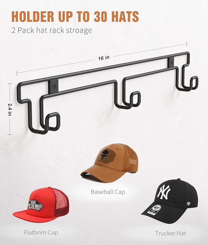 Hat Rack for Wall, [2-Pack] Metal Hat Organizer for Baseball Caps Holder 30 Hats Hook Hanger, Baseball Cap Storage, Strong Adhesive/Wall Drilled for Door, Room, Closet | Black