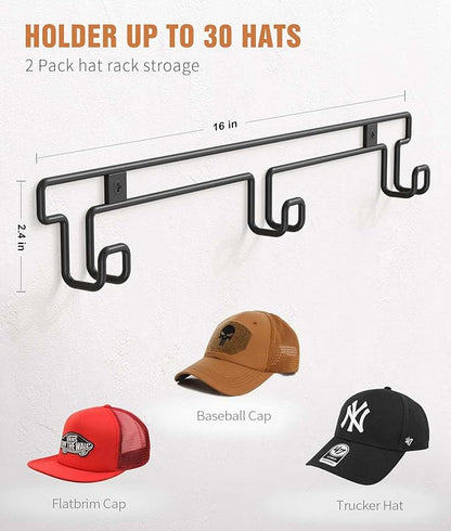 Hat Rack for Wall, [2-Pack] Metal Hat Organizer for Baseball Caps Holder 30 Hats Hook Hanger, Baseball Cap Storage, Strong Adhesive/Wall Drilled for Door, Room, Closet | Black