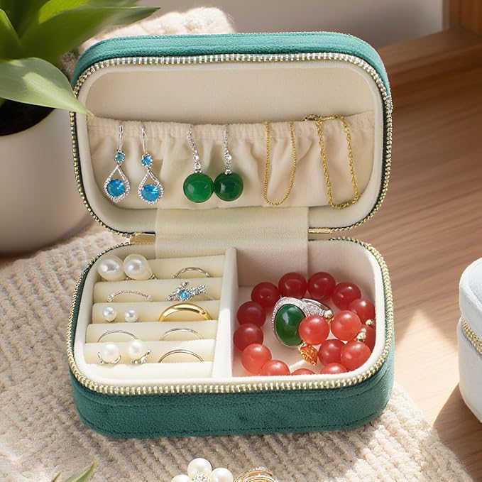 Small Travel Jewelry Case for Women - Plush Velvet Portable Organizer, Holds 20+ Bracelet/Necklace/Earrings/Rings, Giftable Storage Display Box Zipper, Mother/Bridesmaid/Girlfriend Gift (Blue)