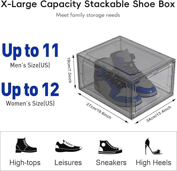YIIHAA 12 Pack X Large Shoe Storage Box, hicken Sturdy Hard Plastic Clear Stackable Sneaker Shoe Rack for Size 12, Easy Assembly Storage Organizer, Holder Sneaker Container (Transparent Gray, 6)